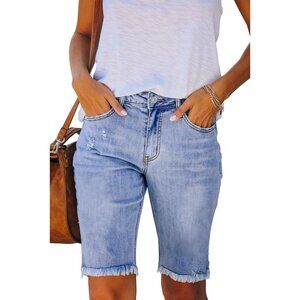 Women Jean Shorts Ripped Bermuda Mid Waist Stretchy Casual Summer